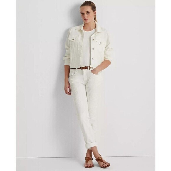 Lauren Ralph Lauren Women's Jeans Eyelet-Patchwork Relaxed Taper White Wash - Picture 1 of 8